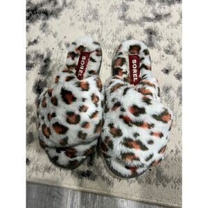 Sorel Go Coffee Run Leopard Faux Fur Slippers Slides Womens 10 NL4888-125
